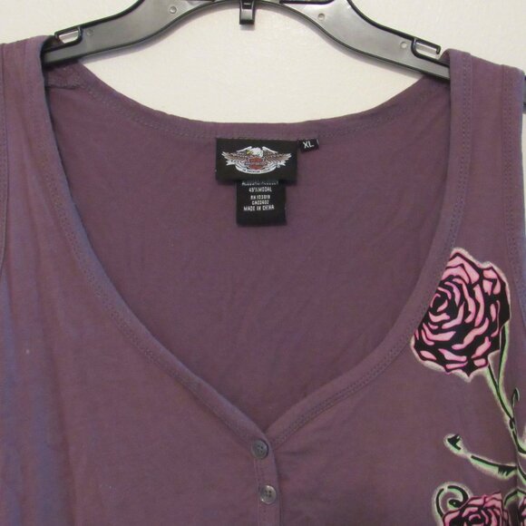 Harley Davidson Motor Clothes Tank Top Women's XL Purple Skull and Roses Design - Picture 2 of 6
